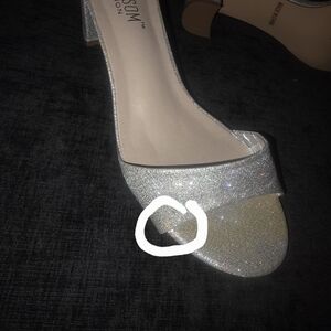 Silver Glitter Block Heel Sandals - Women